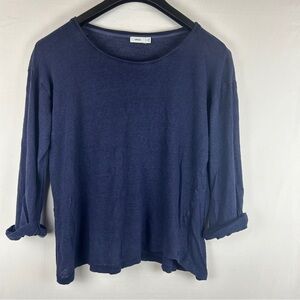 Vince navy knit linen folded sleeve blouse top M